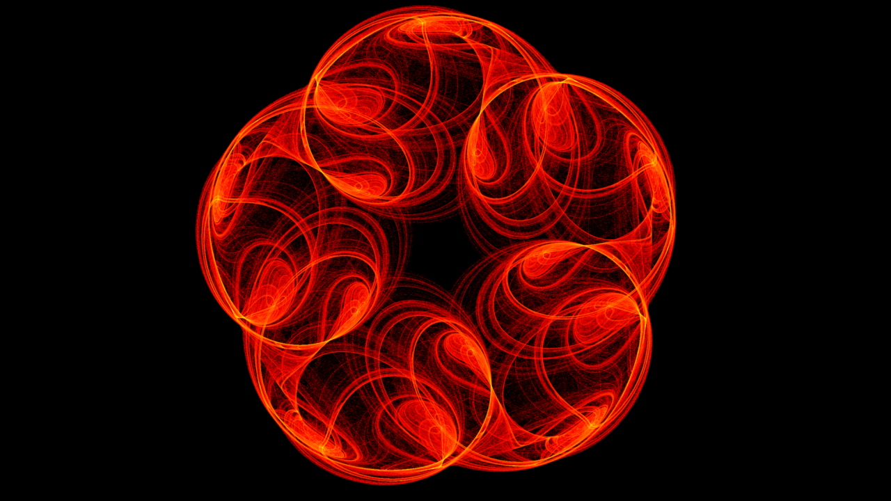 ChaosSymmetry1 attractor fractal rendered via orbit accumulation in Forma Fractalis v0.2.5